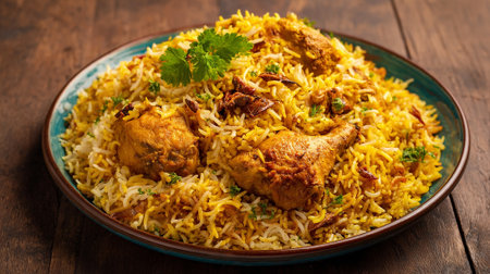 Delicious Chicken Biryani Served on a Turquoise Plate Close-Up Viewの素材