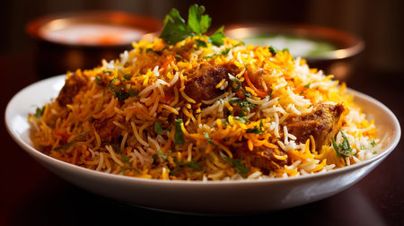 Appetizing Chicken Biryani Serving on a White Plate with Garnishの素材