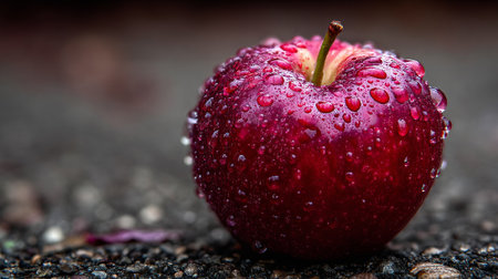 Fresh Red Apple with Water Droplets Lying on a Rough Surfaceの素材