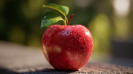 Fresh Red Apple with Water Droplets on a Sunny, Natural Backgroundの素材