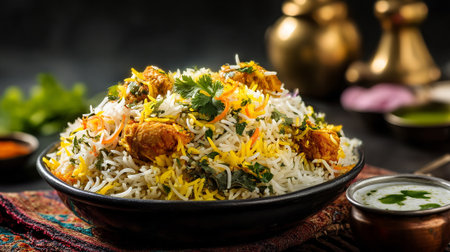 Delicious chicken biryani dish beautifully plated in an artistic and rustic presentationの素材