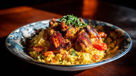 Delicious Chicken and Rice Dish Presented on an Ornate Blue Plateの素材