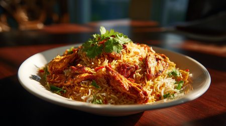 Delectable chicken biryani served on a plate with coriander garnish.の素材