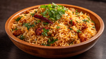 Delicious chicken biryani dish adorned with cilantro and red chili pepperの素材