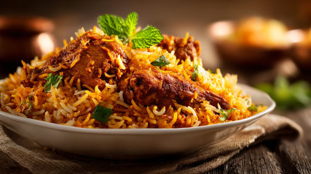 Delicious and Aromatic Chicken Biryani Ready to be Served on White Plateの素材