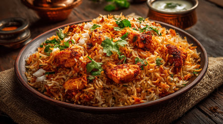 Delicious and Flavorful Chicken Biryani with Fresh Herbs on a Wooden Tableの素材