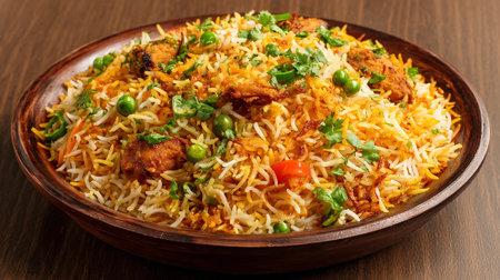 Delicious Chicken Biryani in Wooden Bowl, Aromatic and Flavorful Cuisine Displayの素材