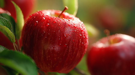 Fresh Red Apples on the Tree Branch with Dewy Drops in Sunlightの素材