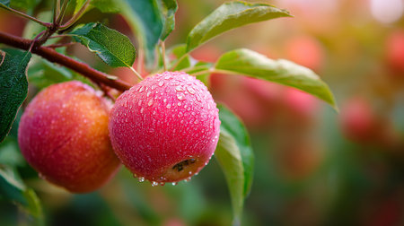Fresh red apples covered in morning dew hanging from the branch.の素材