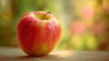 Fresh Red Apple on Rustic Wood Surface with a Blurred Backgroundの素材