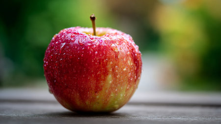 Fresh and juicy red apple with water droplets resting on wooden tableの素材