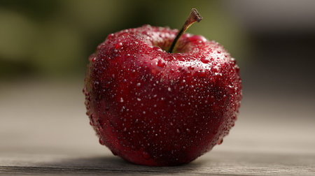 Fresh Red Apple with Water Droplets on a Wooden Surface Displayed Artisticallyの素材