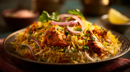 Delicious chicken biryani plated and garnished, ready to be enjoyed nowの素材