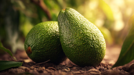 Two fresh, ripe avocados resting gently upon fertile soil outdoors.の素材