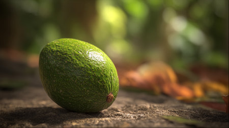 Lush green avocado resting serenely on a rustic stone surface outdoors.の素材