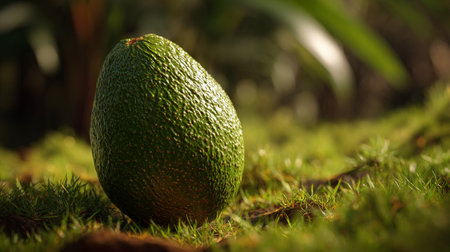 Vibrant green avocado rests on a bed of lush mossy grass.の素材