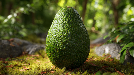 Lush Avocado Displayed on a Mossy Forest Floor in Natural Lightの素材