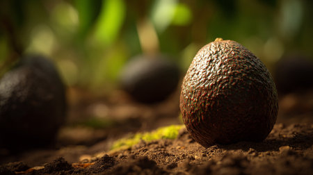 Fresh Avocado Resting on Rich Soil in an Organic Garden Settingの素材