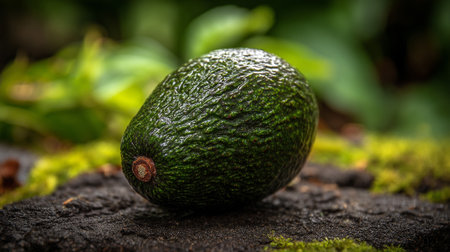 Single, Dark Green Avocado on a Rough Surface with Green Backgroundの素材