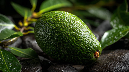 Fresh green avocado resting among smooth dark stones with leavesの素材