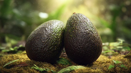 Two Dark Green Avocados Nestled on Moss in a Lush Environmentの素材
