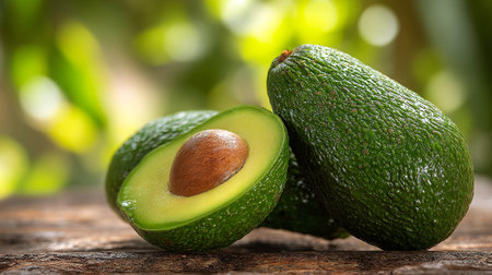 Fresh Avocados Composition on Wooden Table with a Natural Green Backgroundの素材