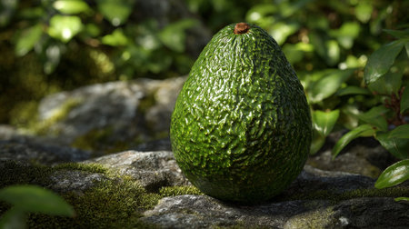 Single avocado resting upon a mossy stone, showcasing the natural textureの素材