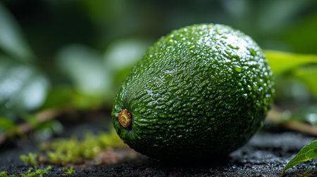 Fresh Avocado with Water Droplets Resting On Mossy Surface, Dark Green Leavesの素材