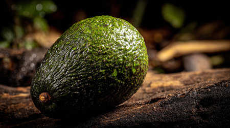 Single dark green ripe avocado laying on weathered wooden surface outdoors.の素材