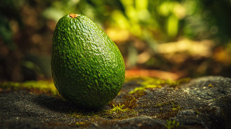 Ripe Green Avocado Standing Tall on a Bed of Mossy Stoneの素材