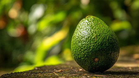 Ripe avocado on rustic stone against blurred green background for healthy foodの素材