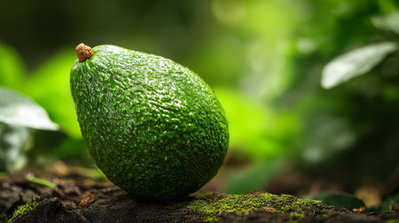 A single vibrant avocado resting naturally against a blurred green background.の素材
