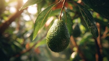 Hanging avocado fruit amidst lush greenery, bathed in warm sunlightの素材