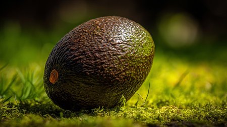 Ripe Hass Avocado Gleaming in Sunlight on Green Moss Surfaceの素材