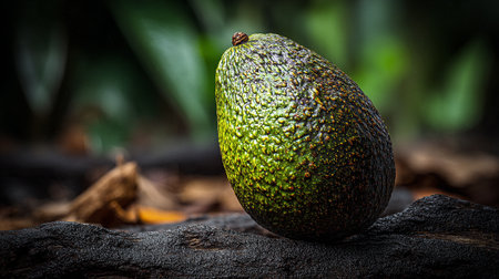 Single Ripe Avocado Standing Tall on a Weathered Tree Trunk Outdoorsの素材