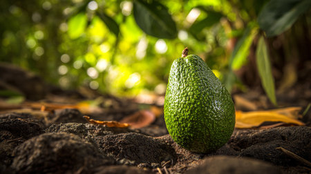 A fresh, ripe avocado sits on volcanic rock in a lush environment.の素材
