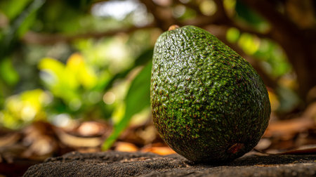 Fresh green avocado still life with tree leaves in a gardenの素材