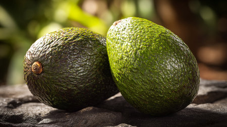 Two fresh organic avocados resting on a slate surface outdoors with greeneryの素材