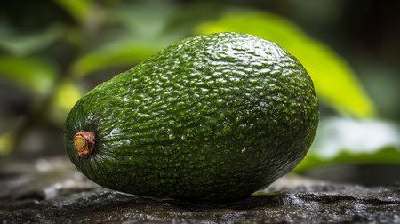 Fresh Avocado on Dark Stone, Green Leaves Blurred Backgroundの素材