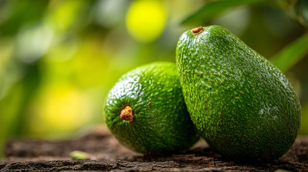 Fresh Green Avocados on Rough Wood with Soft Green Foliage Backgroundの素材