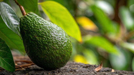 Fresh Avocado on a Tree Trunk Surrounded by Vibrant Green Leavesの素材