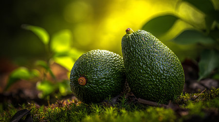 Two Organic Avocados Resting on Moss with Lush Green Foliage Backgroundの素材