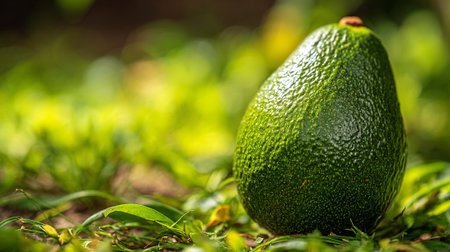 Ripe Avocado Resting in Grass: A Study in Greens and Texturesの素材