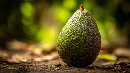 Single, Fresh Avocado Standing Proudly on Ground Against Blurred Green Backdropの素材