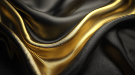 Elegant black and gold fabric texture with smooth waves and reflectionsの素材