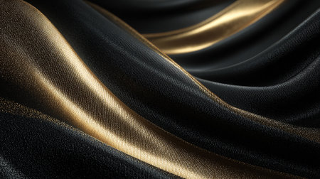 Abstract black and gold silk fabric with soft wavy texture pattern.の素材
