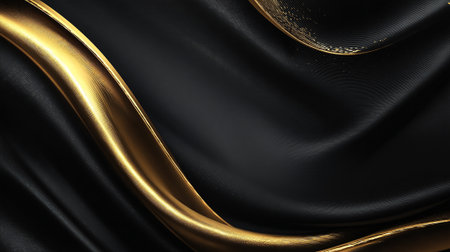 Abstract flowing black fabric enhanced by vibrant golden elements for a luxurious aesthetic.の素材