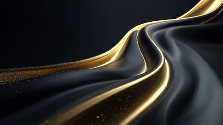 Abstract flowing elegant dark wave with shimmering gold accents for backgrounds.の素材