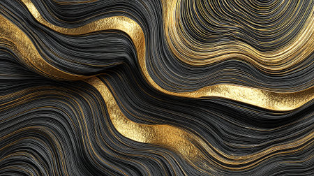 Elegant swirling pattern of black and white with a golden touchの素材