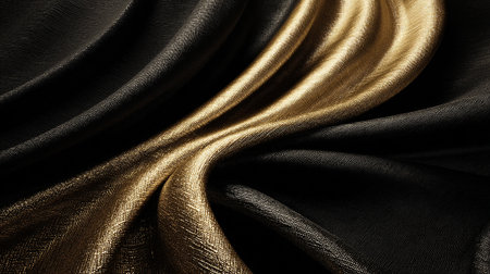 Elegant Black and Gold Fabric with Luxurious Texture and Dramatic Foldsの素材